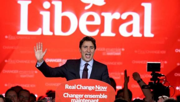 Liberal Party leader Justin Trudeau gives his victory speech after Canada's federal election in Montreal, Quebec, October 19, 2015.  REUTERS/Chris Wattie